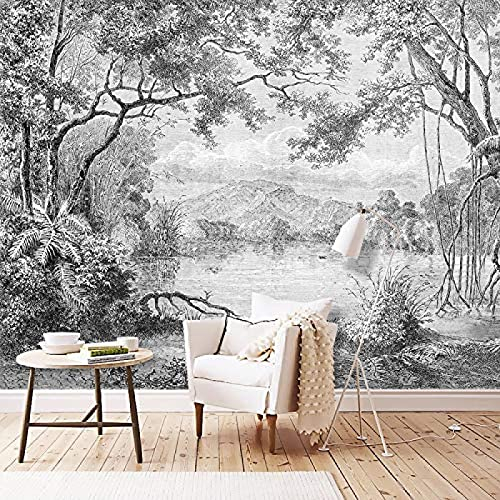 Tapete Schwarz Weiß Wandbild Europäische Retro Handgemalte Linie Dschungelmalerei Heimdekoration Wanddekoration fototapete 3D Tapete effekt Vlies wandbild Schlafzimmer-430cm×300cm