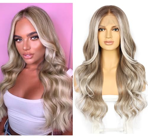 Sapphirewigs Lace Front Perücke 13x4 Synthetische Körper Welle Graubraun Balayage Perücken Damen Party Datum Tägliche Tragen Natürlich Aussehen Weihnachten 26inch