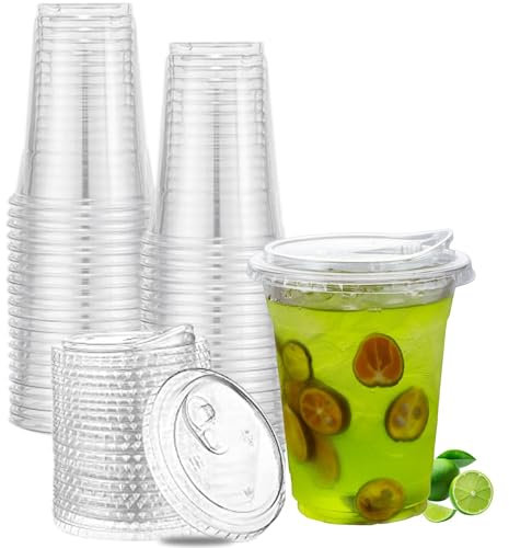 Artpreti Transparente Kunststoffbecher mit Strohhalmlosen Trinkdeckeln, Einweg-Kaffeetassen aus Kunststoff mit Deckel, To Go Becher für Eiskaffee, Smoothies, Limonade oder andere kalte Getränke, 25