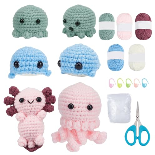 FREEBLOSS 4 Set Häkelset Für Anfänger, Häkeltier Set, Häkel Pinguine, Qualle, Wale Häkellernset Mit Videoanleitung, Häkel Starterset Für Erwachsene, Neues Hobby