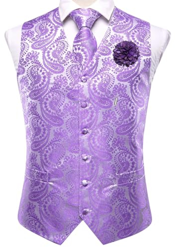 Wvapzxx Hochzeitsweste für Herren, Seide, gestreift, Weste, Krawatte, Einstecktuch, Manschettenknöpfe, Brosche, Set, formelle Party, Anzug, Weste, 3010-073, XL
