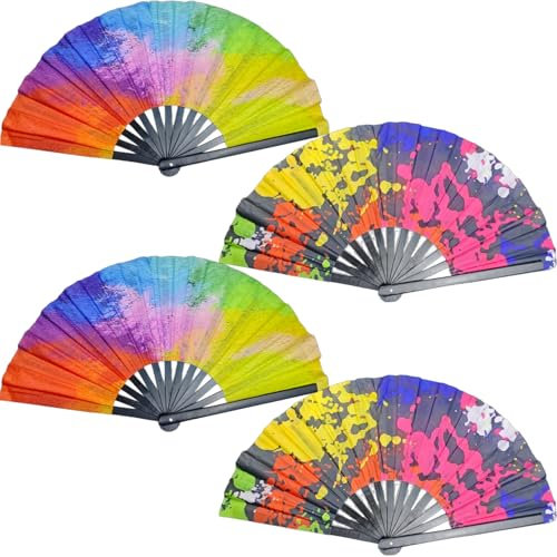 ENLAYER 4PCS Rainbow Hand Fans Large Folding Fans for Women, Large Holographic Rainbow Hand Fan for Burlesque, Drag Queen, Festival & Pride Outfits for Women & Festival Accessories(2 Style-E)