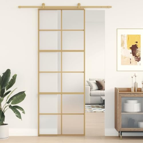 Gecheer Porta,Scorrevole,Kit Montaggio,in Vetro ESG e Alluminio,Oro e Opaco,76x205 cm,Griglie 6x2,Porte Sorrevoli,Porta Scorrevole in Vetro e Alluminio