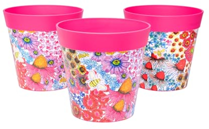 Hum Flowerpots, 15cm Set of 3, Various Patterns Colours and Sizes, Indoor/Outdoor Plastic Plant Pots, Pink Flowers and Bees