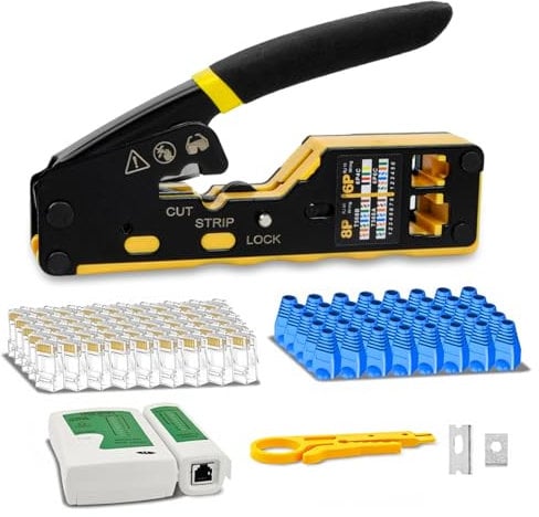 RJ45 Pinza Crimpatrice Kit, Set di Strumenti a Crimpare RJ45 con Tester per Cavi di Rete, 50pz Connettori Cat6 e Coperture, Spellafili, Pass Through Ethernet CAT5 Cat5e Cat6 Crimpatura Strumento Kit