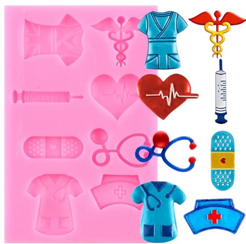 XMOLDNMS Fondantformen für Krankenschwestern, Hut, Stethoskop, Verbandsspritze für Krankenschwesterkleidung, Silikonform für Kuchendekoration, Cupcake-Topper, Schokolade, Süßigkeiten, Gummipaste,