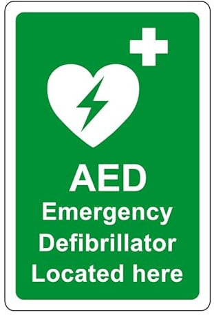 AED Safety sign - Emergency Defibrillator located here emergency sign - High tack self-adhesive sticker (300mm x 200mm) Viewing Distance within 7m.