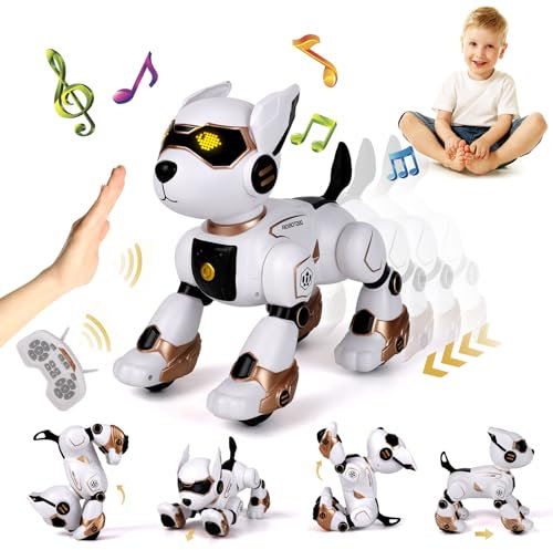 Joellfuner Chien Robot Intelligent, RC Robot Chien, Chien Intelligent Télécommandé avec Voix Chant Programme, Robot programmable Interactif Capable Danse (Jaune)