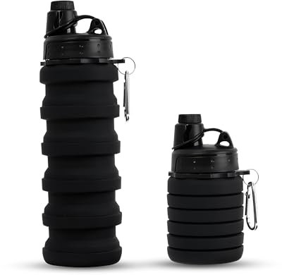 Silicone Collapsible Water Bottle - UK Brand BPA Free Travel Essential, Foldable Gym Bottle, Leakproof Hiking Camping Accessory, Cycling Yoga Bottle for Kids, Black, 500ml