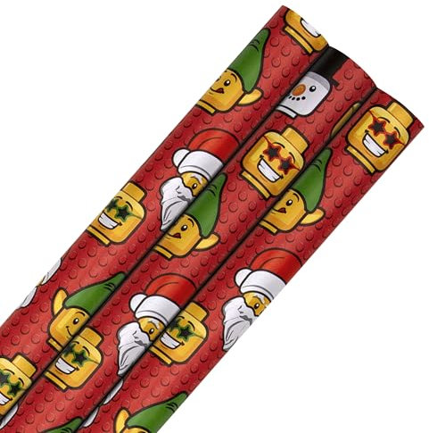 Hallmark Wrapping Paper, Roll Wrap, Pack of 3, LEGO, LEGO Heads, Christmas, Santa, Snowman, Elf, Red, 4M Each