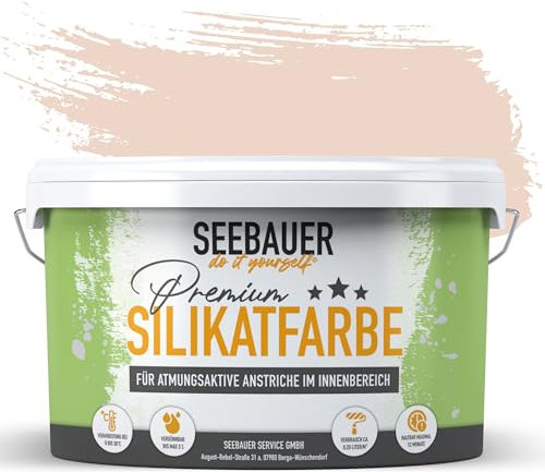 SEEBAUER diy Silikatfarbe Rot 5L für Innen (No. 304 Apricot Dream) Atmungsaktive Mineralfarbe für Allergiker - Abwaschbare Wandfarbe - Rottöne hohe Deckkraft