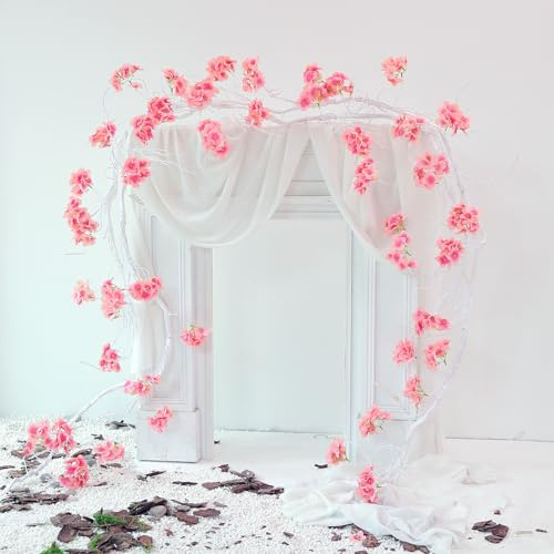 300cm/118inch Large Flexible White Artificial Tree Vines Twine Wood Branches with Pink Hydrangea Flowers Garland Twig Reptile Climbing Fake Plants for Wedding Arch Christmas Wall Hanging Decoration