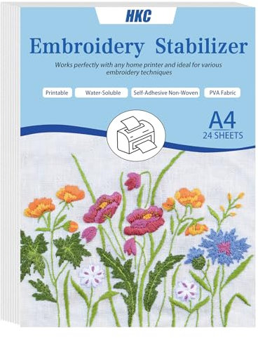 HKC Stabilizzatore per Ricamo Idrosolubile Autoadesivo, 24 Pezzi A4 (29,7 X 21 Cm) Carta da Ricamo Stampabile o Motivo da Disegno, Carta da Ricamo Solubile in Acqua per Ricamo a Mano e a Macchina
