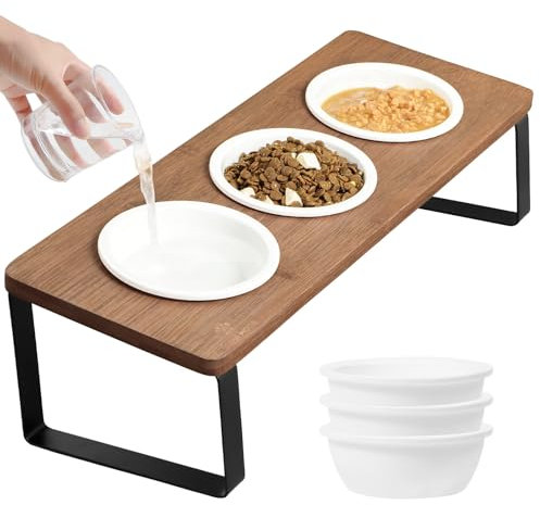 GUUSII HOME Raised Cat Bowl Set for Food Water with Elevated Tilted Stand Ergonomic Kitty Feeding Sation Puppy Dish with 6 Ceramic Bowls Pet Feeder Metal Legs Anti Vomiting Easy to Assemble(Brown)