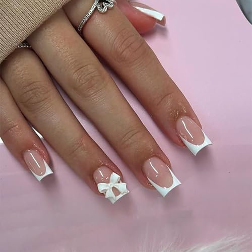 24pcs Square French Tip False Nails - Stick-on & Removable Adhesive - Full Cover Fake Nails with Nail Art Accessories for Women