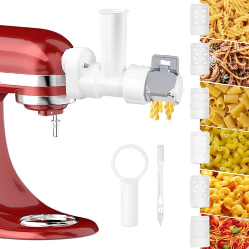 6 IN 1 Pasta Attachment for Kitchenaid Stand Mixer, Extruder Pasta Maker Attachment Set with 6 Different Shapes of Pasta Outlet and Cleaning Brush, Gourmet Mixer Pasta Attachments for Dishwasher Safe