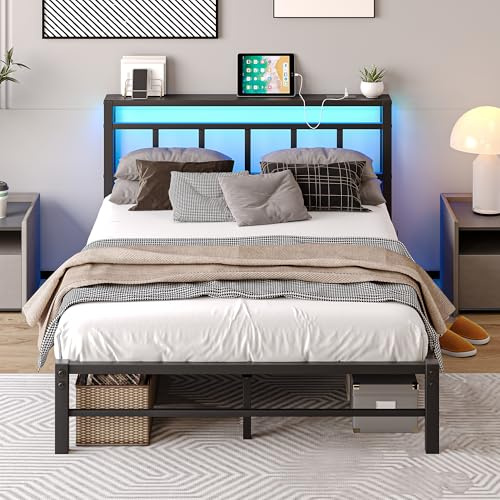 VECOCHO 4ft6 Double Bed Frame with Storage Headboard and Charging Station,Metal Bed Frame Double Bed with LED Lights,Strong Steel Slats Support,Underbed Storage,Noise Free,Black Bed 135x190cm