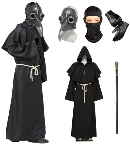 Pest Arzt Maske Retro Leder Vogel Maske Zauberer Kapuzenmmantel Priester Robe Leder Handschuhe Kreuz Halskette Zepter Gürtel Balaclava Mittelalterliche Cosplay Kostüme für Halloween Party