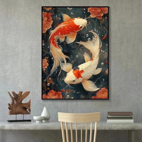 ZHUOYA Aquarell, klassischer japanischer Stil, Koi-Fische, Zen, Yin und Yang, Tiere, Poster, Leinwandbild, Wandkunst, Bilder, Inneneinrichtung (80 x 120 cm)