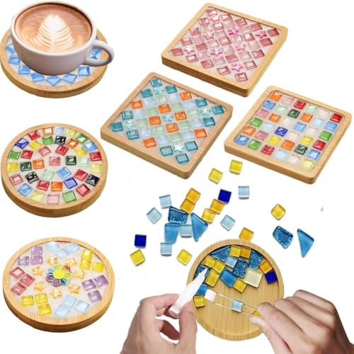 ISTOVO Mosaic Tiles for Crafts Mixed Color Glass Mosaic Kits with Wooden Coaster for Adults,for Handmade Home Decoration