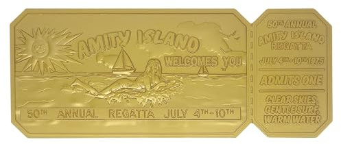 FaNaTtik Jaws Regatta-Ticket-Replik zum 50. Jahrestag, limitierte Auflage, Sammlerstück (24 Karat vergoldet, offiziell lizenziert, 160 x 65 mm, Präsentationsständer im Lieferumfang enthalten)