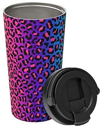 Travel Mug with Lid & Handle Neon Color Gradient Leopard Print Travel Mug with Lid Women Coffee Cup, for Hot & Cold Drinks, Camping, Travel, 17Oz