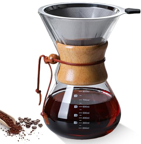 GOMETY Pour Over Kaffeebereiter, 800 ml Permanentfilter Pour Over Kaffeebereiter, Borosilikat Glaskanne mit doppelschichtigem Edelstahlfilter, Kaffeedrip-Brauer Glas für aromatischen Genuss