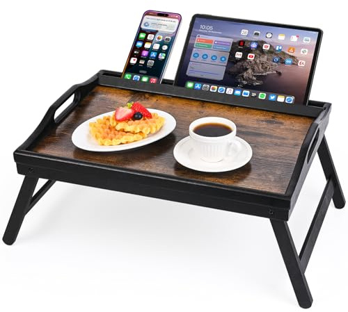 VASMIA Table de lit avec Pieds pliants, Plateau de Petit-déjeuner en Bambou pour Manger, Servir ou Utiliser comme Plateau, Bureau Portable pour Ordinateur, Plateau à collations, Noir et Brun Vintage