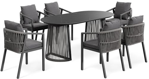 di volio Gartenmöbel-Set Sinterstein für 6 Personen Outdoor Terrasse Arneli | PE-Rattan, Sinterstein-Tischplatte, Olefin-Kissen, Stahlrahmen, korrosionsbeständig, UV-beständig, pflegeleicht