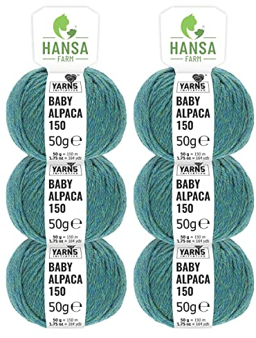 HANSA-FARM | 100% Baby Alpakawolle in 50+ Farben (kratzfrei) - 300g Set (6 x 50g) - weiche Alpaka Wolle zum Stricken & Häkeln in 6 Garnstärken by Hansa-Farm - Blau-Grün Heather (Türkis)