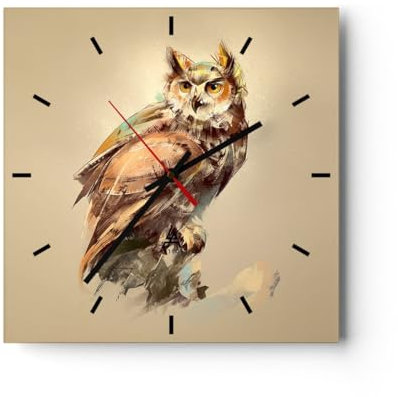 Modern Wanduhr Eule Vogel Natur 30x30cm Quadrat Klein Wand Uhr Glas Analog Zimmeruhren Küche Büro Wohnzimmer Glasuhr Wall Clock Dekoration Design Wanddekoration Küchenuhr C3AC30x30-3856