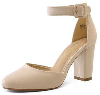 DREAM PAIRS Womens High Heels Closed Toe Court Shoes Block Ankle Strap Ladies Sandals for Wedding,Size 7.5,Nude/Suede,Angela