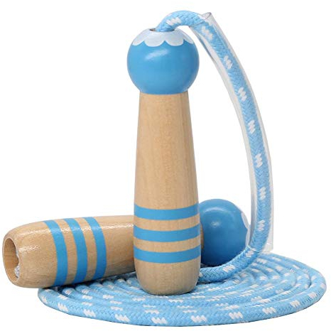 Cuerda de saltar para niños, 7 pies, ajustable, de algodón, con mango de madera, para niños y niñas, ejercicio al aire libre (azul)