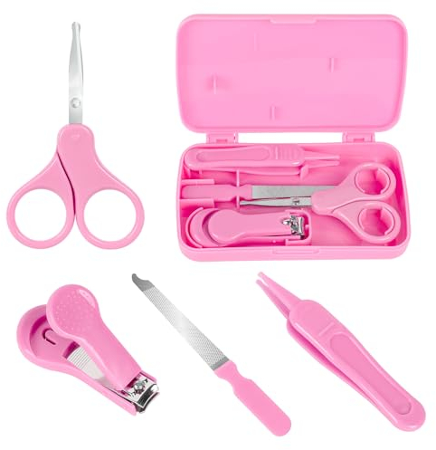 Econtal Baby Nagelpflegeset 4-in-1 in Pink, Baby Nagelknipser, Nagelschere, Nagelfeile, Nasenpinzette | Nagelset für Kleinkind, Neugeborene, Kinder