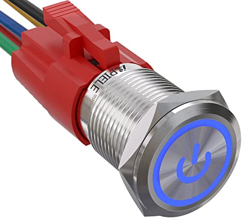 APIELE 16MM Verriegelung Druckschalter 12VDC 5A, Edelstahl mit LED Power Symbol wasserdicht Latch Drucktastenschalter mit vorverdrahtetem Stecker, Auto RV LKW Boot EIN/AUS Taste Schalter (Blau)