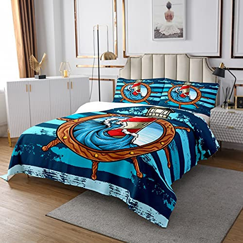 Leuchtturm Bettdecke Set 170x210 Nautisch gesteppt für Kinder Jungen Mädchen Ruder Ocean Waves Tagesdecke Streifen Tie Dye Sea Adventure Yart Thema Tagesdecke Quilt Set 2 Stücke Kinderzimmer Dekor