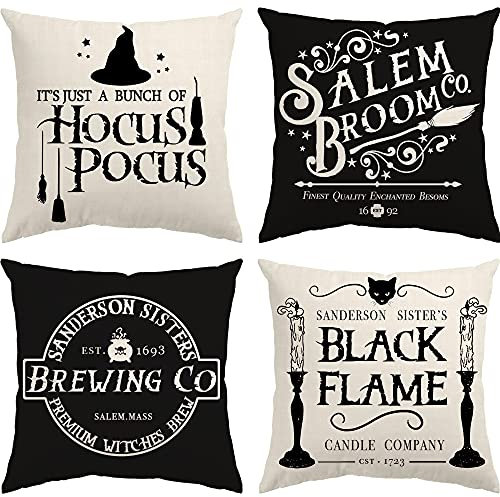 Glaring Halloween-Dekor-Kissenbezüge, 45,7 x 45,7 cm, Set mit 4 Halloween-Dekorationen, Hokus, Pokus, Bauernhaus, Spruch, Outdoor, Herbstkissen, dekorativer Wurfkissenbezug für Zuhause, Schwarz