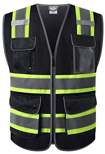 HATAUNKI Reflektierende Sicherheitsweste für Herren und Damen, Warnweste mit Taschen, hohe Sichtbarkeit, Netz-Konstruktion, Westen, entspricht ANSI/ISEA 107–2015 (Schwarz-04, Größe 3XL)