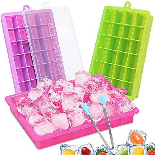 Pop Out Ice Cube Trays with Easy Release, Reusable and Flexible Silicone Food Grade Ice Mold, No-Spill Removable Lid and 72 Ice Moulds for Freezer, Baby Food, Drinks, Cocktail [Pack of 3]