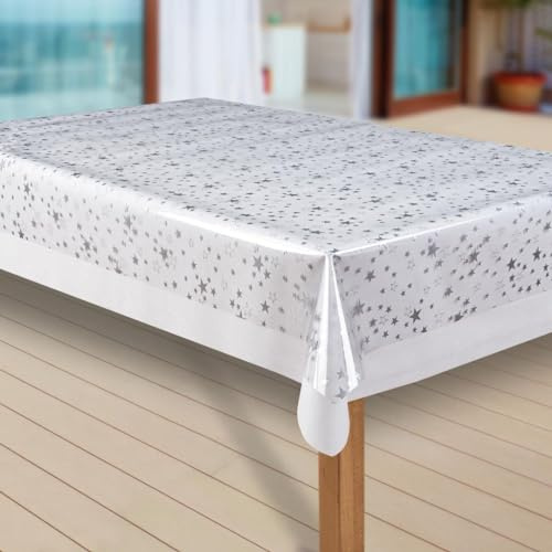 laro Wachstuch-Tischdecke Sterne Weihnachten Weihnachts-Motive Transparent PVC Wachstischdecke Eckig Meterware Wasserabweisend Abwischbar 1087, Muster:Transparent Sterne Silber, Größe:118x280