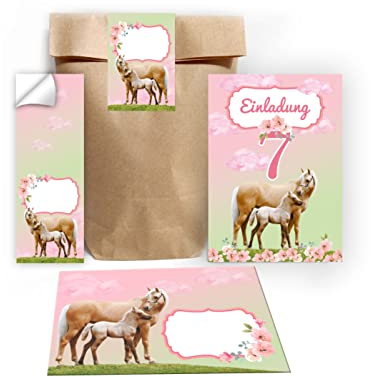 Junapack 12 Einladungskarten zum 7. Kindergeburtstag siebte Geburtstag Mädchen Pferd mit Fohlen mit Einhorn incl. 12 Umschläge, 12 Tüten/Natur, 12 Aufkleber
