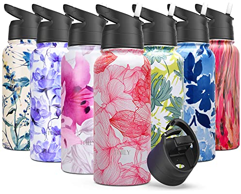 Isolierte Edelstahl-Wasserflasche - THILY Dreifach isolierte 945 ml auslaufsichere Weithals-Wasserflasche mit Strohhalm & Flip-Deckel, BPA-frei, für Fitnessstudio, Reisen, Wandern, Roter Lotos