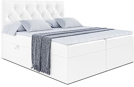 ALTDECOR Boxspringbett mit Matratze und Lattenrost, Boxbett, Topper, Polsterbett mit Bettkasten, Bett mit Stauraum H3-Matratze, Doppelbett, Springboxbett - Mirage - 160x200 Weiß Kunstleder