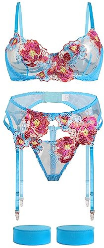 Aranmei Set di Lingerie da Donna 4 Pezzi con Reggiseno con Ferretto in Pizzo Ricamato Floreale con Perizoma Fasce per Cosce e Reggicalze, Cielo Blu, L