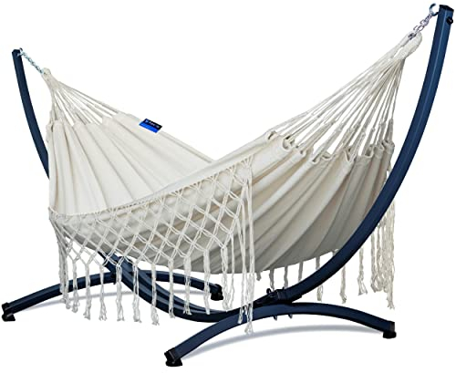 Potenza Outdoor Hängematte mit Verzinkter Gestell für 2 Personen I Medelin Boho - 100% Baumwolle Doppelhängematte 230x160, 200kg I Hängemattengestell 220kg, wetterfest (Basic Gestell Graphit, Beige)