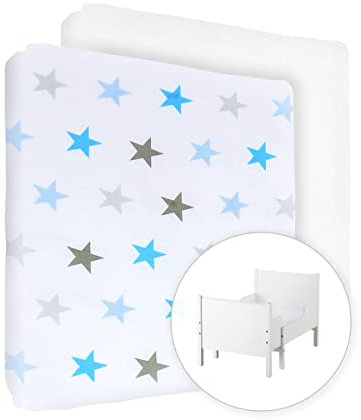 Spannbetttuch, für Kinderbett, 100 % Baumwolle, passend für ausziehbare Kinderbett-Matratze mit 130 x 80 cm, Sterne, Blau + Weiß, 2 Stück