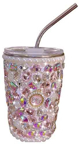 KRYCRHIA Bling Cup mit Deckel und Strohhalmen, niedlicher Strass, Glitzer, glänzende Wasserflasche für Frauen und Mädchen, Geschenk (500 ml, Rosa)