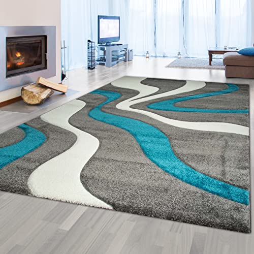 Wohnzimmer Teppich mit Wellenmuster • pflegeleicht • in türkis grau & weiß, 200 x 290 cm