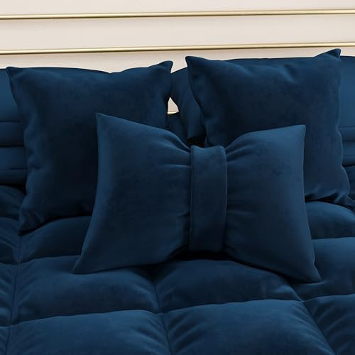 PETTI Artigiani Italiani - Cuscini Arredo in Velluto con Imbottitura, Cuscino per Camera da Letto, Divano Salotto, con Federa a Sacco, Fiocco Blu Scuro - 50 x 40 cm
