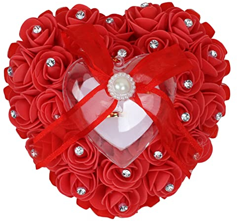 Ringkissen Hochzeit,Ehering-Kissen,Romantische Herzförmig Ringhalter mit Rose Strasssteinchen und Schleife,Hochzeit Ring Box Paar Ring Kissen Ringträger Mit Kleiner Ringbox für Eheringe Verlobung